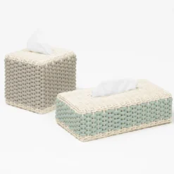 Scatola per tessuti quadrata Antibes in pelle e rattan beige
