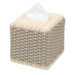 Scatola per tessuti quadrata Antibes in pelle e rattan beige