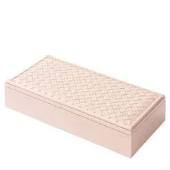 Scatola rettangolare Celio in pelle rosa cipria intrecciata a mano