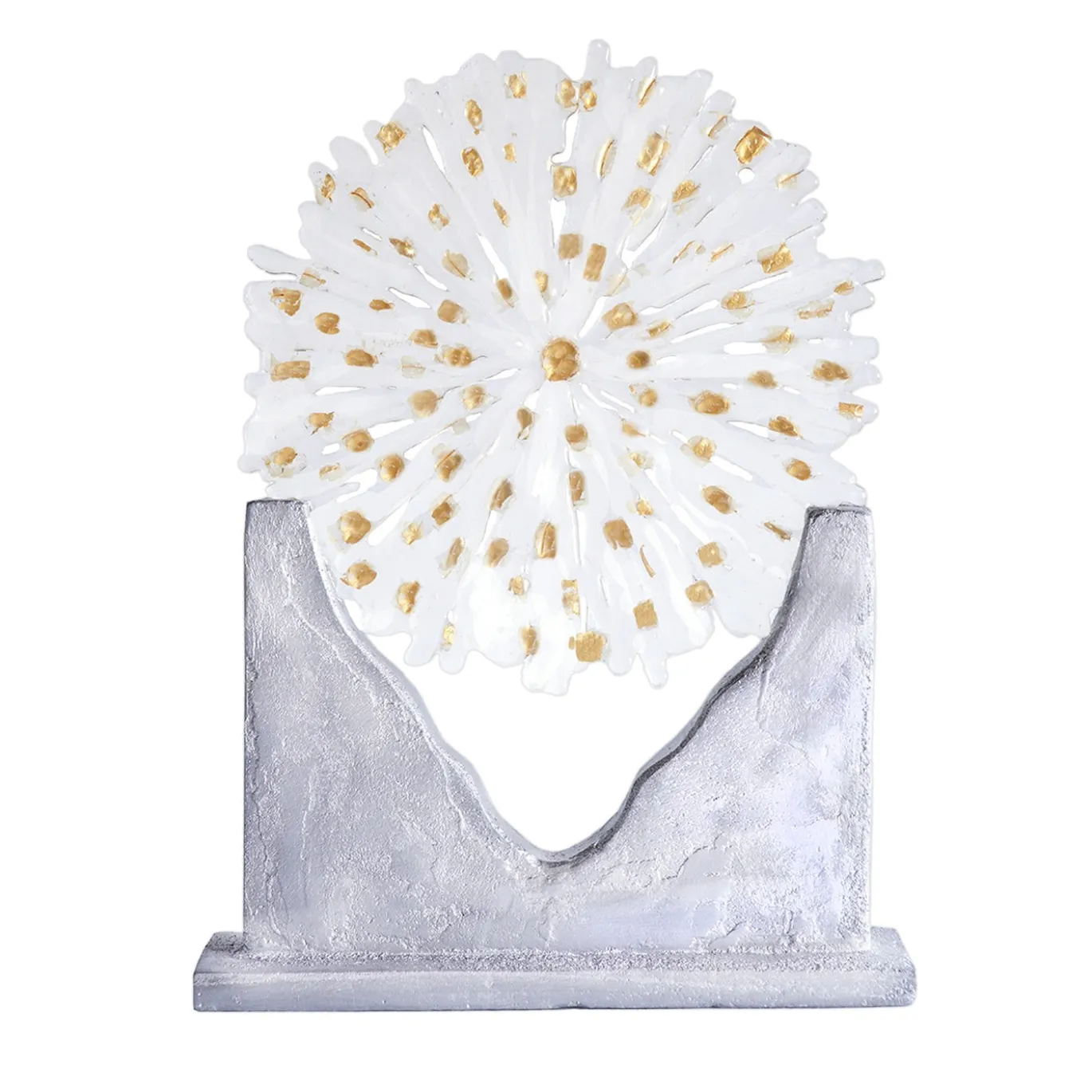 Scultura Cristallo di Luce in vetro trasparente con mica dorata e base in cemento argentato
