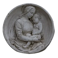Scultura da Parete Madonna con Bambino Rotonda a Bassorilievo in Gesso Bianco