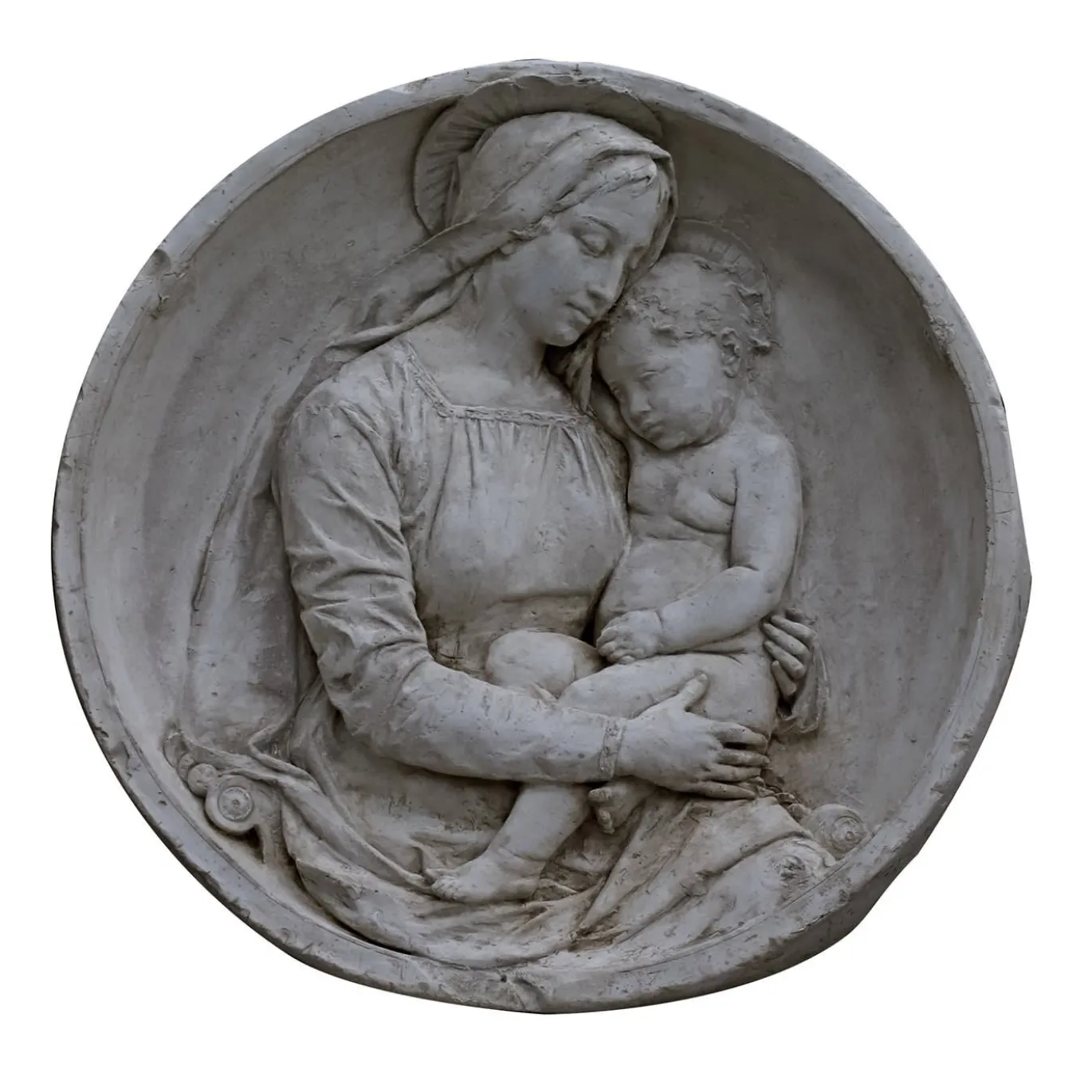 Scultura da Parete Madonna con Bambino Rotonda a Bassorilievo in Gesso Bianco