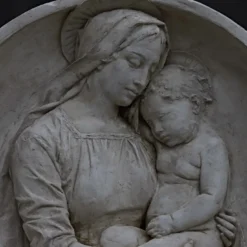 Scultura da Parete Madonna con Bambino Rotonda a Bassorilievo in Gesso Bianco