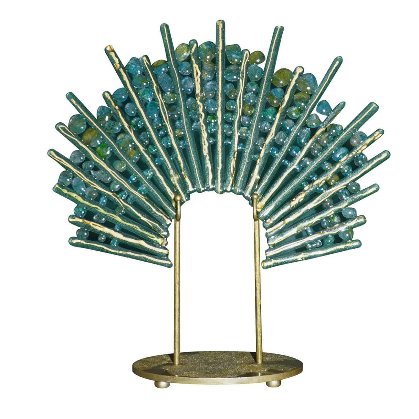 Scultura in vetro e metallo verde Pavone