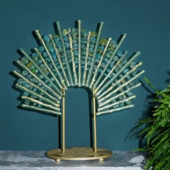 Scultura in vetro e metallo verde Pavone