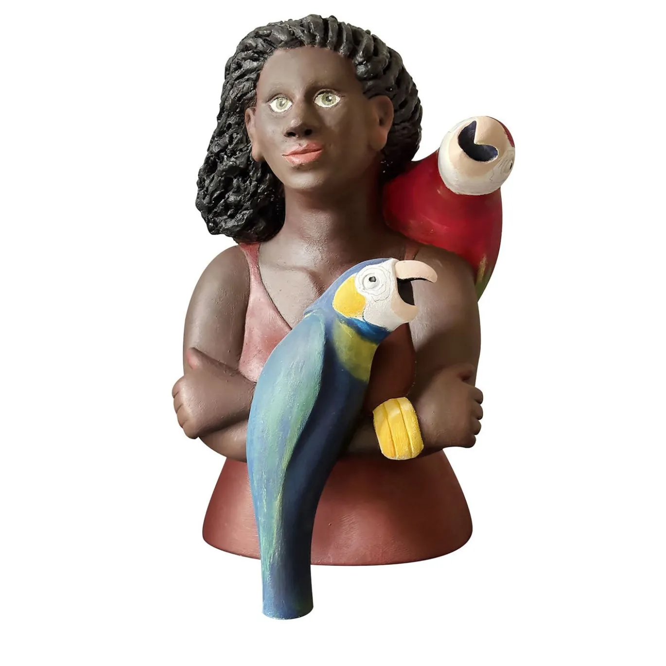 Scultura La ragazza con i pappagalli in resina multicolore