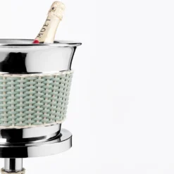 Secchiello da champagne in pelle e rattan verde Menton con supporto