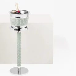 Secchiello da champagne in pelle e rattan verde Menton con supporto