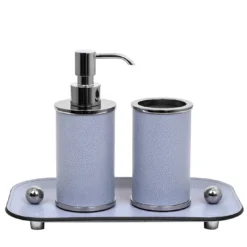 Set da bagno Olimpia rotondo in pelle cromata/azzurra