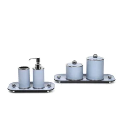 Set da bagno Olimpia rotondo in pelle cromata/azzurra