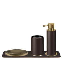 Set di accessori da bagno color cioccolato con dettagli dorati
