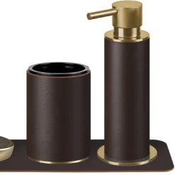 Set di accessori da bagno color cioccolato con dettagli dorati