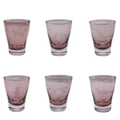 Set di 6 bicchieri da acqua color malva con incisione a forma di gatto
