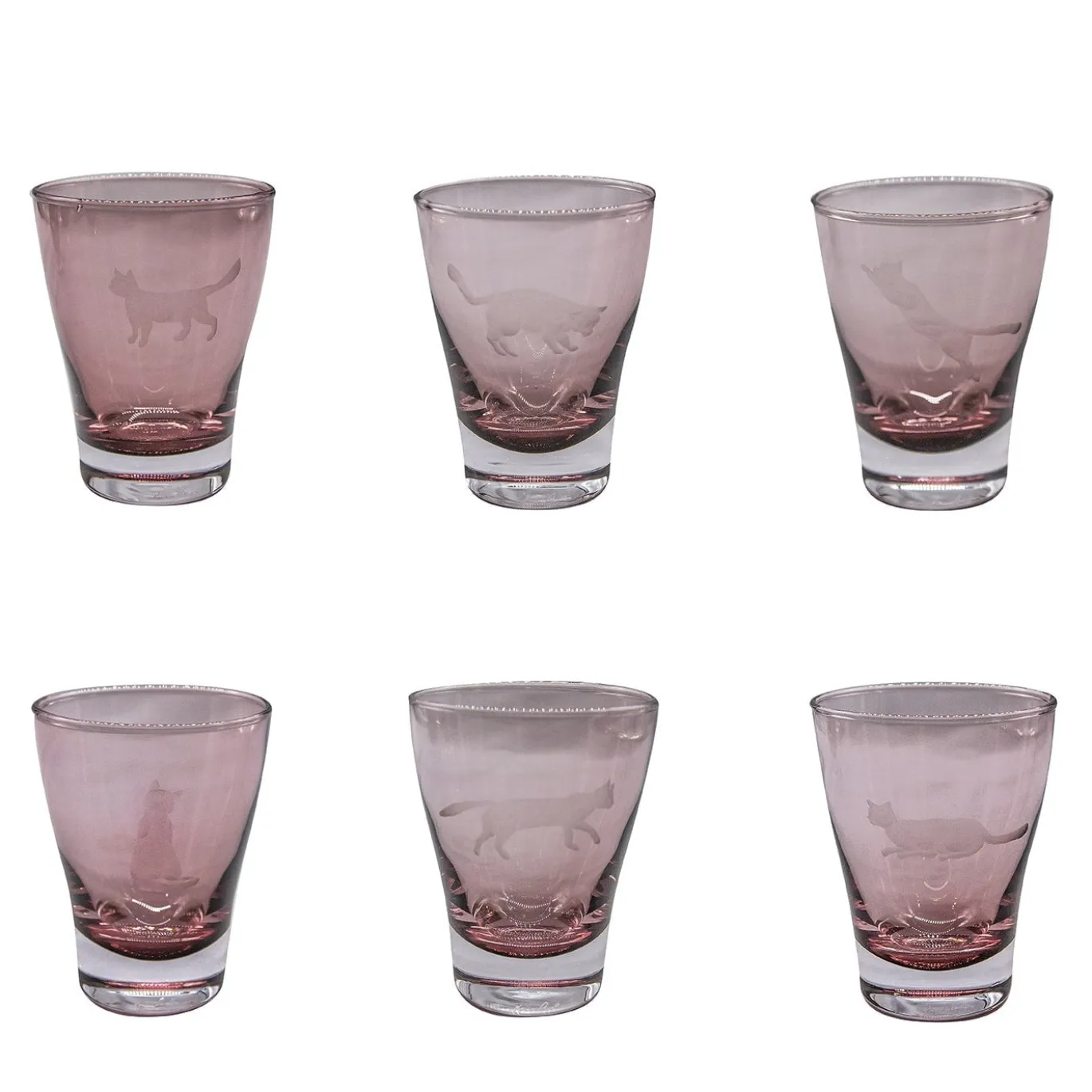 Set di 6 bicchieri da acqua color malva con incisione a forma di gatto