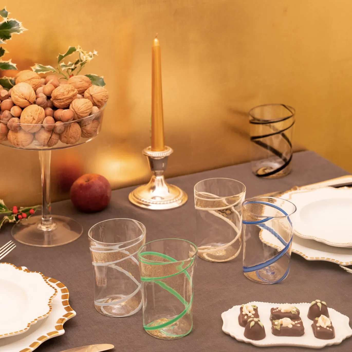 Set di 6 bicchieri in vetro blu e oro puro