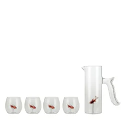 Set di brocca a forma di pesciolino rosso e quattro bicchieri a forma di pesciolino rotondo