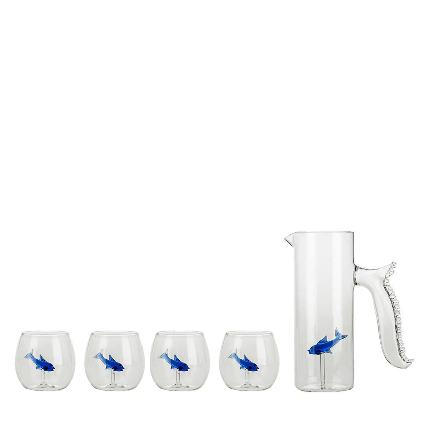 Set di brocca Little Blue Fish e quattro bicchieri arrotondati Little Blue Fish