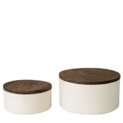 Set di 2 contenitori rotondi in ceramica bianca con coperchio in legno
