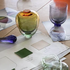 Set di 3 pezzi in vetro Murano con bicchieri verdi e ciotola Amber Fungo