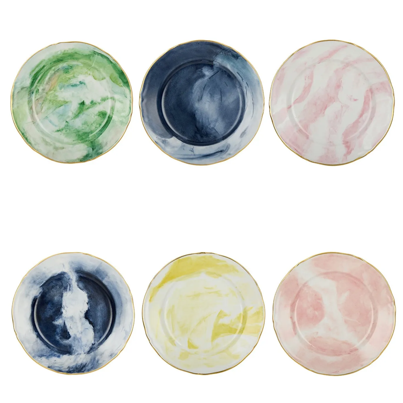 Set di 6 piatti da dessert della collezione Trompe-l’Oeil in porcellana e oro realizzati a mano