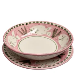 Set di 12 piatti da dessert e piatti fondi Poseidon in ceramica rosa