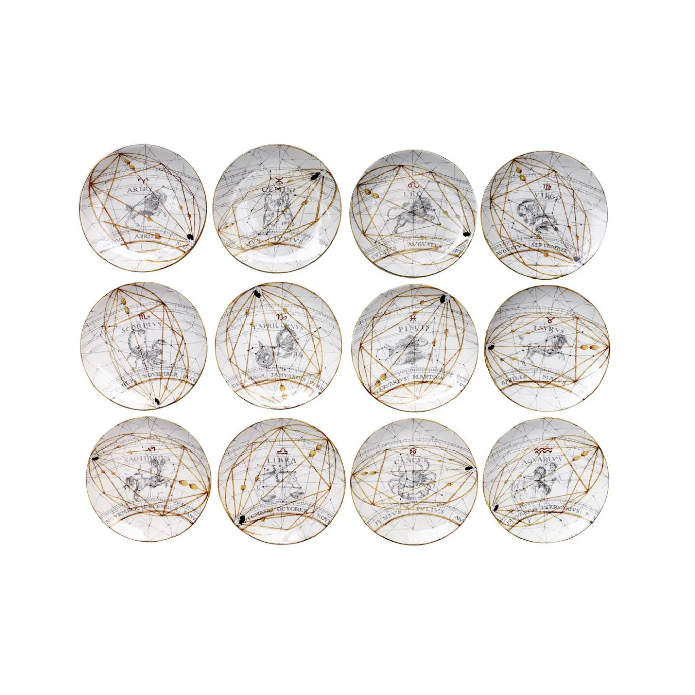 Set di 12 Piatti da Dessert Zodiaco in Ceramica Bianca