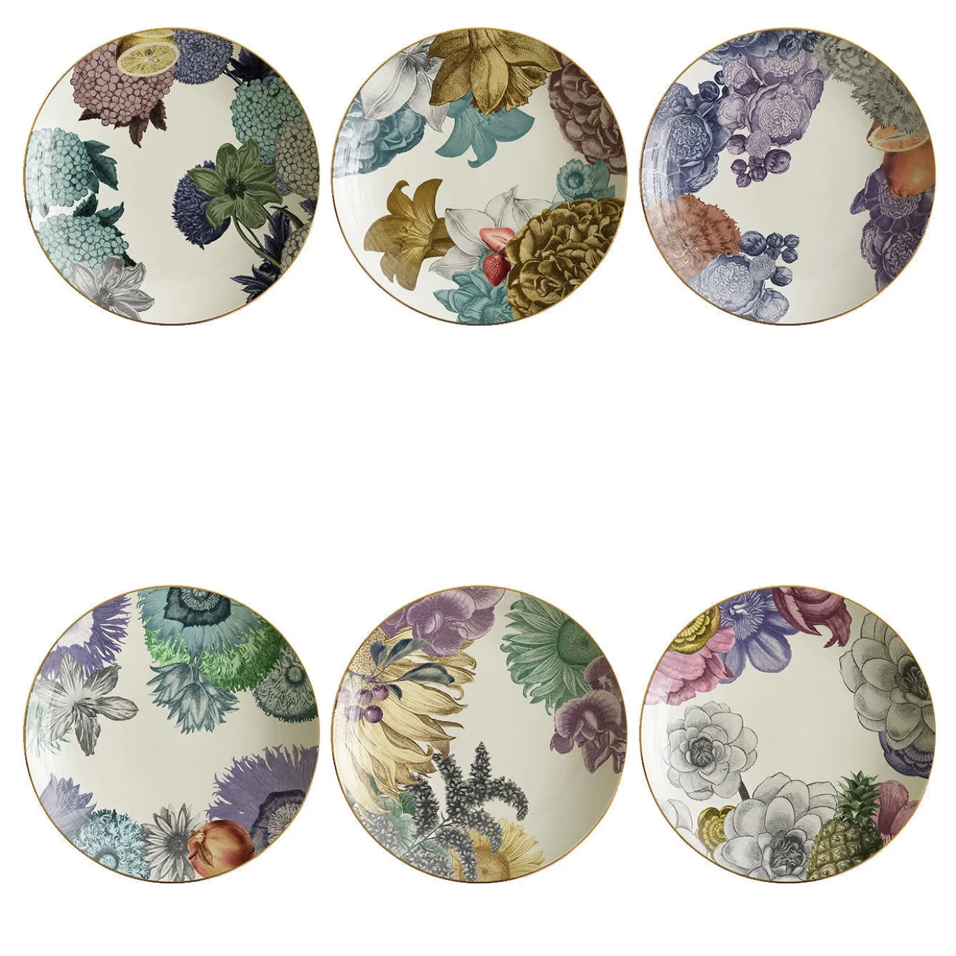 Set di 6 piatti da minestra in porcellana Cairo con fiori