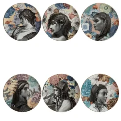 Set di 6 piatti da portata in porcellana del Cairo con volto di donna e fiori