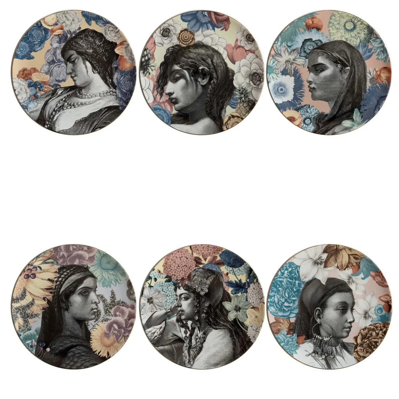 Set di 6 piatti da portata in porcellana del Cairo con volto di donna e fiori