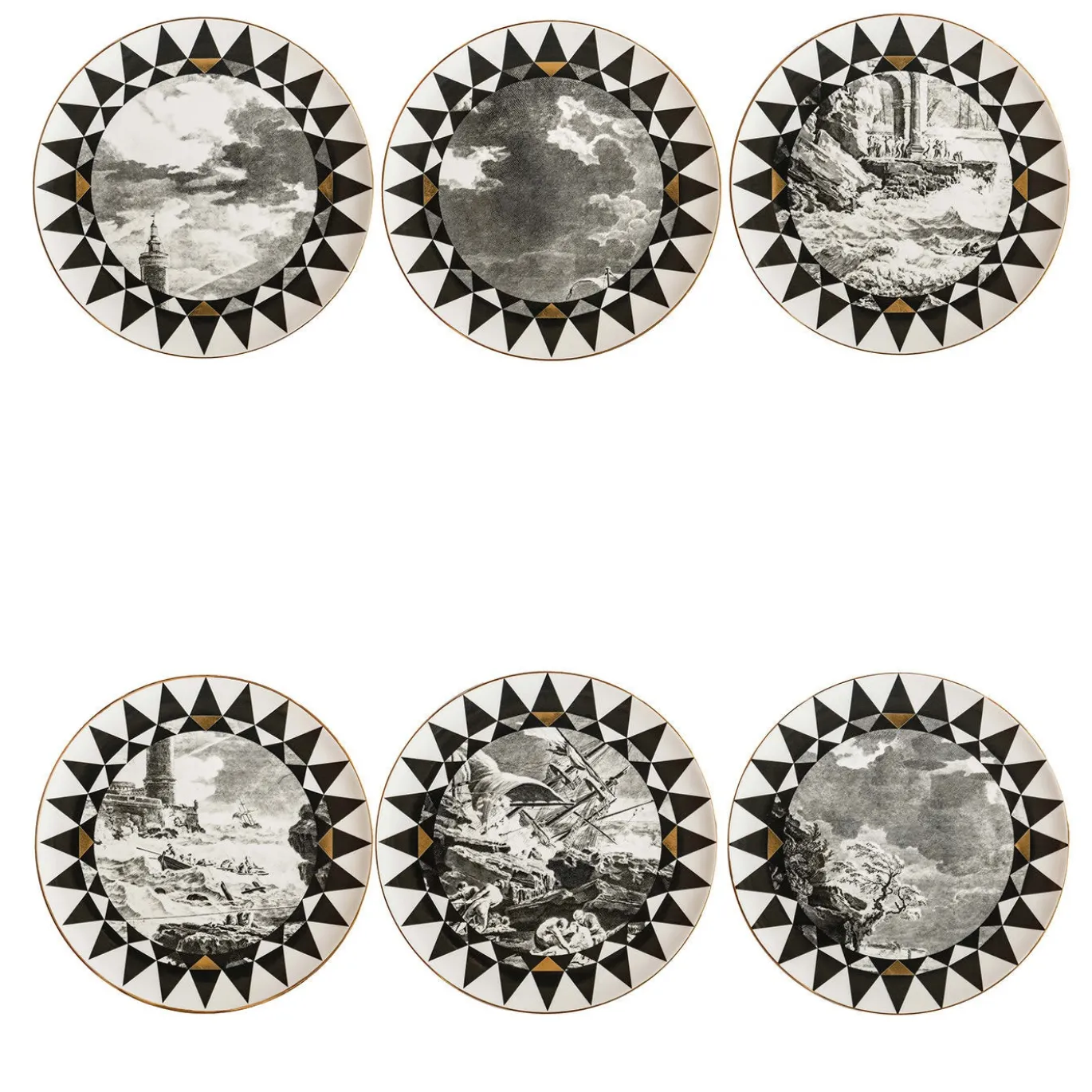 Set di 6 piatti da portata in porcellana Casquets con geometrie e paesaggi