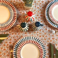 Set di 12 piatti da pranzo in ceramica rossa e blu