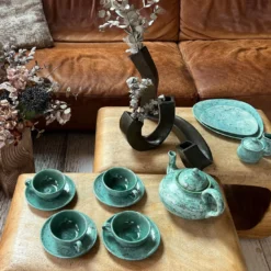 Set di 2 piatti da pranzo Jade screziati color verde acqua