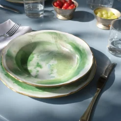 Set di 6 piatti fondi Malachite in porcellana e oro realizzati a mano