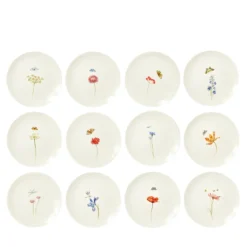 Set di 12 Piatti Piani Bloom in Ceramica Bianca