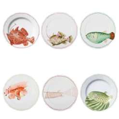 Set di 6 Piatti Piani della Collezione Poisson in Porcellana Dipinti a Mano