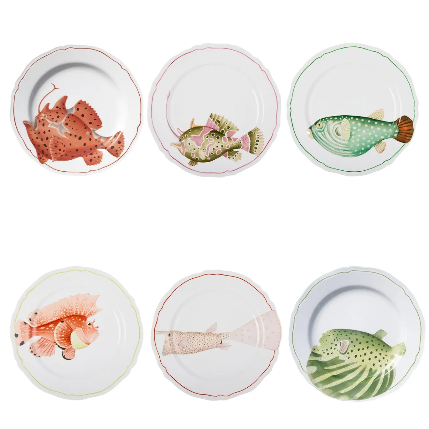 Set di 6 Piatti Piani della Collezione Poisson in Porcellana Dipinti a Mano
