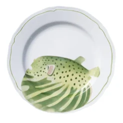 Set di 4 piatti piani Green Puffer in porcellana dipinti a mano