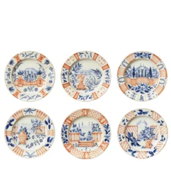 Set di 6 Piatti Piani Italian Views in Ceramica Bianca