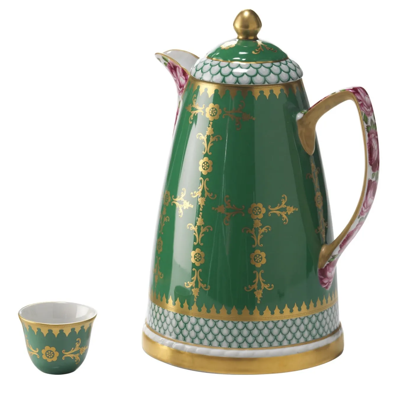 Set di piccoli thermos Dallah verdi e rosa e 6 tazze Finjan