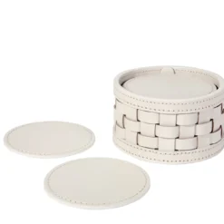 Set di 10 Sottobicchieri Barcelona con Portasottobicchieri per Interno ed Esterno in Pelle Beige