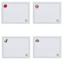 Set di 4 Sottopiatti in Lino Bianco con Cactus Mediterranei