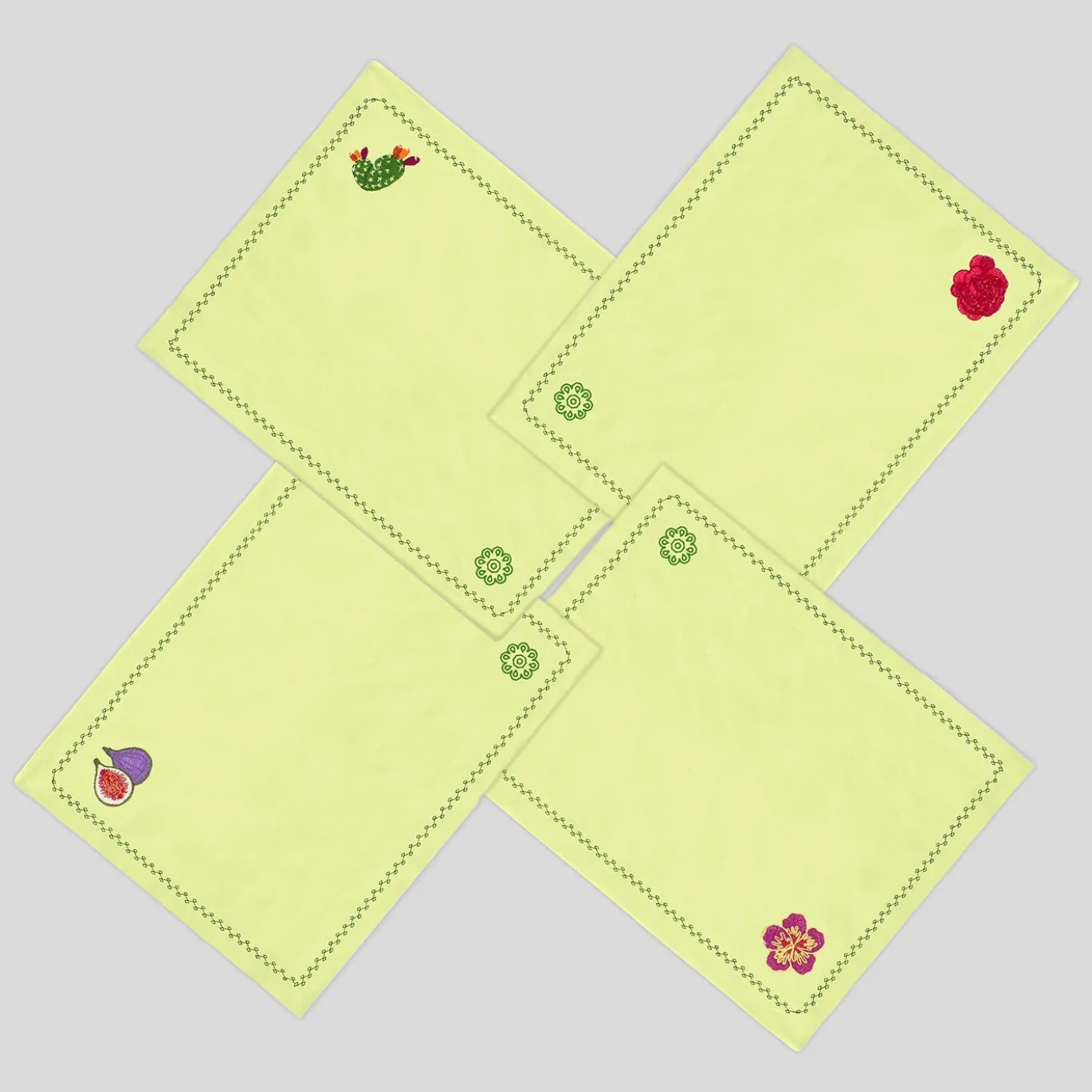 Set di 4 sottopiattti in lino giallo con cactus mediterranei