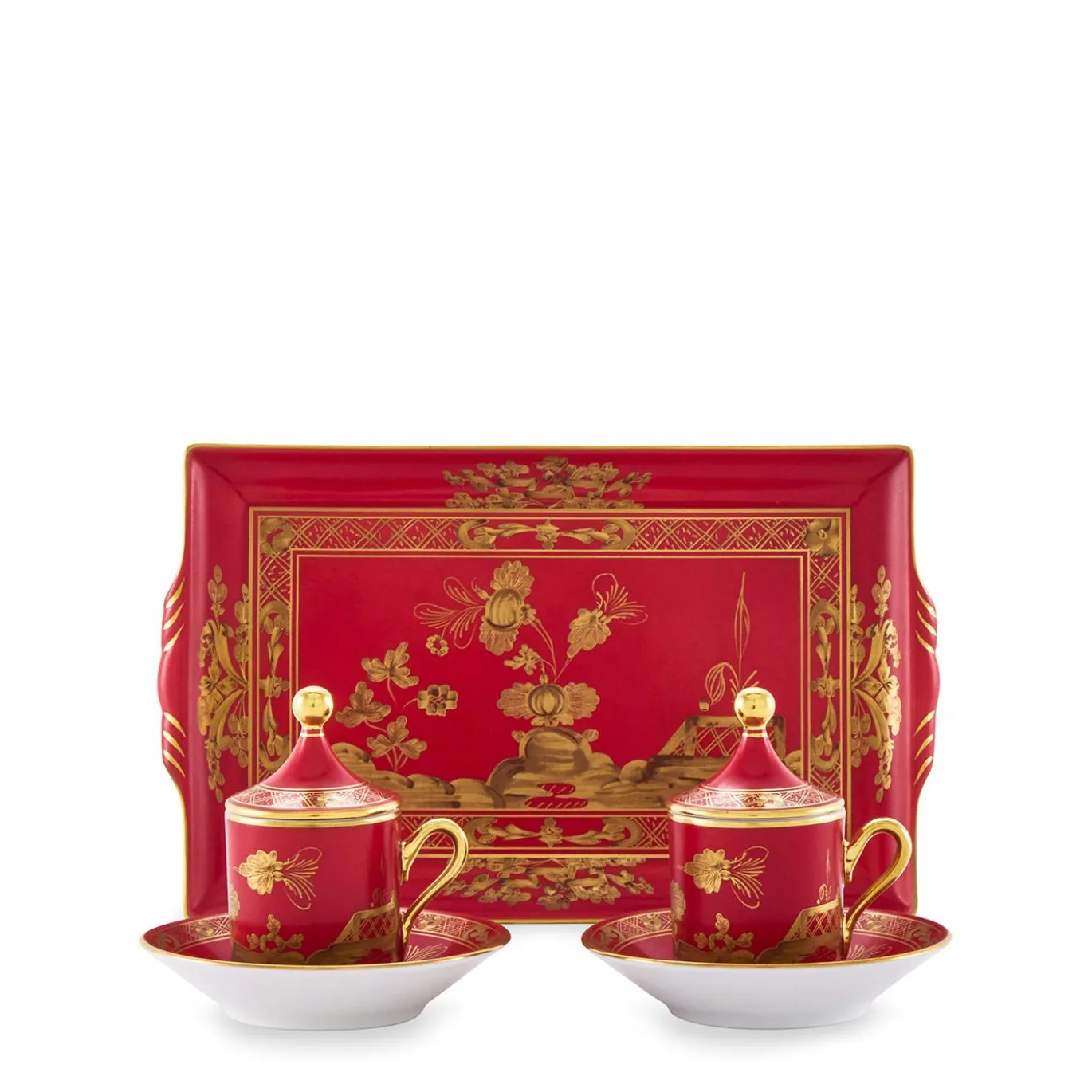Set di 2 Tazze da Caffè con Coperchi e Vassoio Oriente Italiano Rubrum