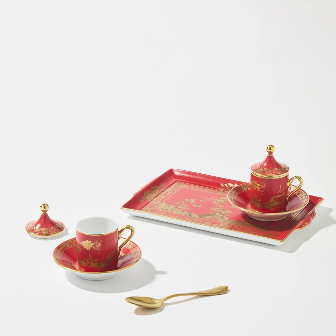 Set di 2 Tazze da Caffè con Coperchi e Vassoio Oriente Italiano Rubrum