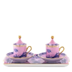 Set di 2 Tazze da Caffè con Coperchi e Vassoio Oriente Italiano Azalea