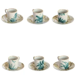 Set di 6 tazze da caffè espresso in porcellana Las Palmas con palme blu e gialle