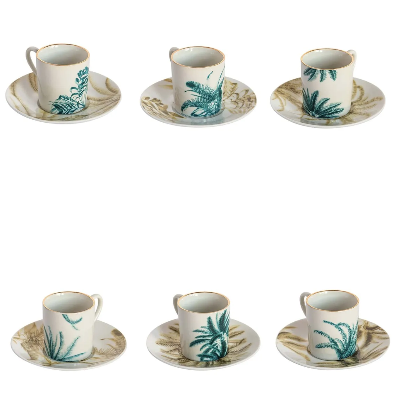 Set di 6 tazze da caffè espresso in porcellana Las Palmas con palme blu e gialle