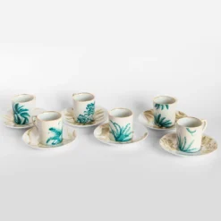 Set di 6 tazze da caffè espresso in porcellana Las Palmas con palme blu e gialle