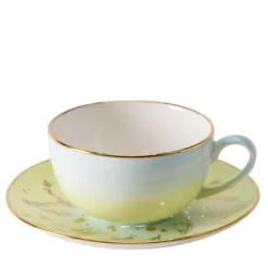Set di 2 tazze da cappuccino Spighe di Grano in porcellana verde con piattini