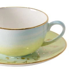 Set di 2 tazze da cappuccino Spighe di Grano in porcellana verde con piattini
